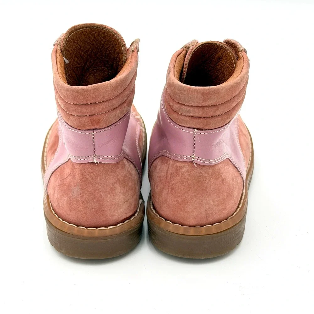DOGI Pink Two Tone Leather Suede Lace Up Combat Ankle Boots Lug Sole Size 13